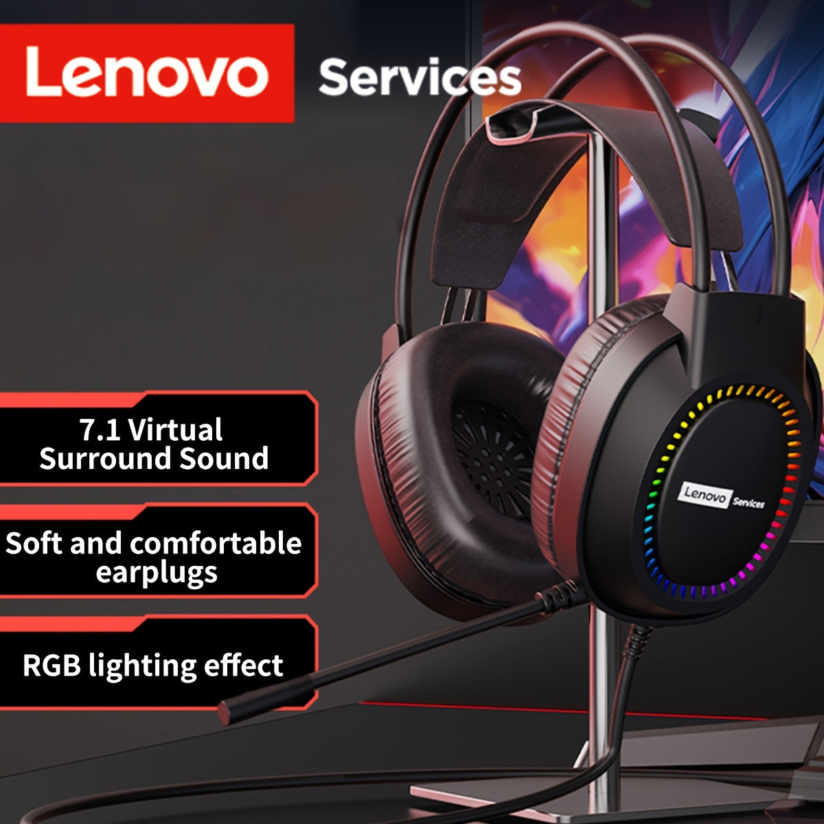 Fone de Ouvido Lenovo RGB  Headset para Jogos com Microfone e Cancelamento de Ruidos
