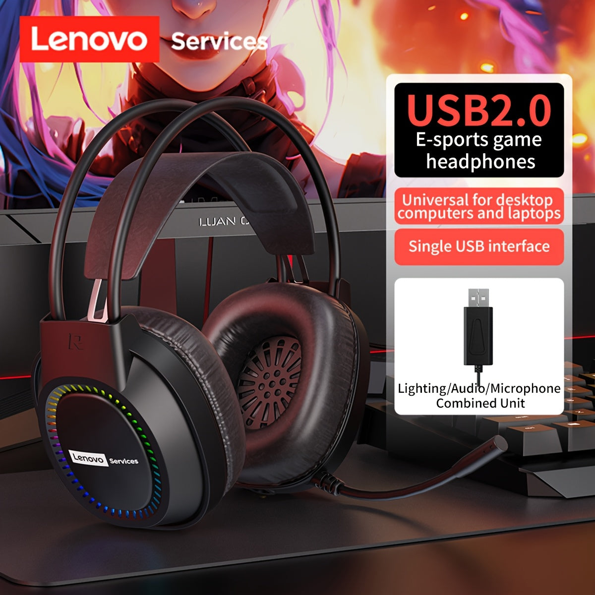Fone de Ouvido Lenovo RGB  Headset para Jogos com Microfone e Cancelamento de Ruidos